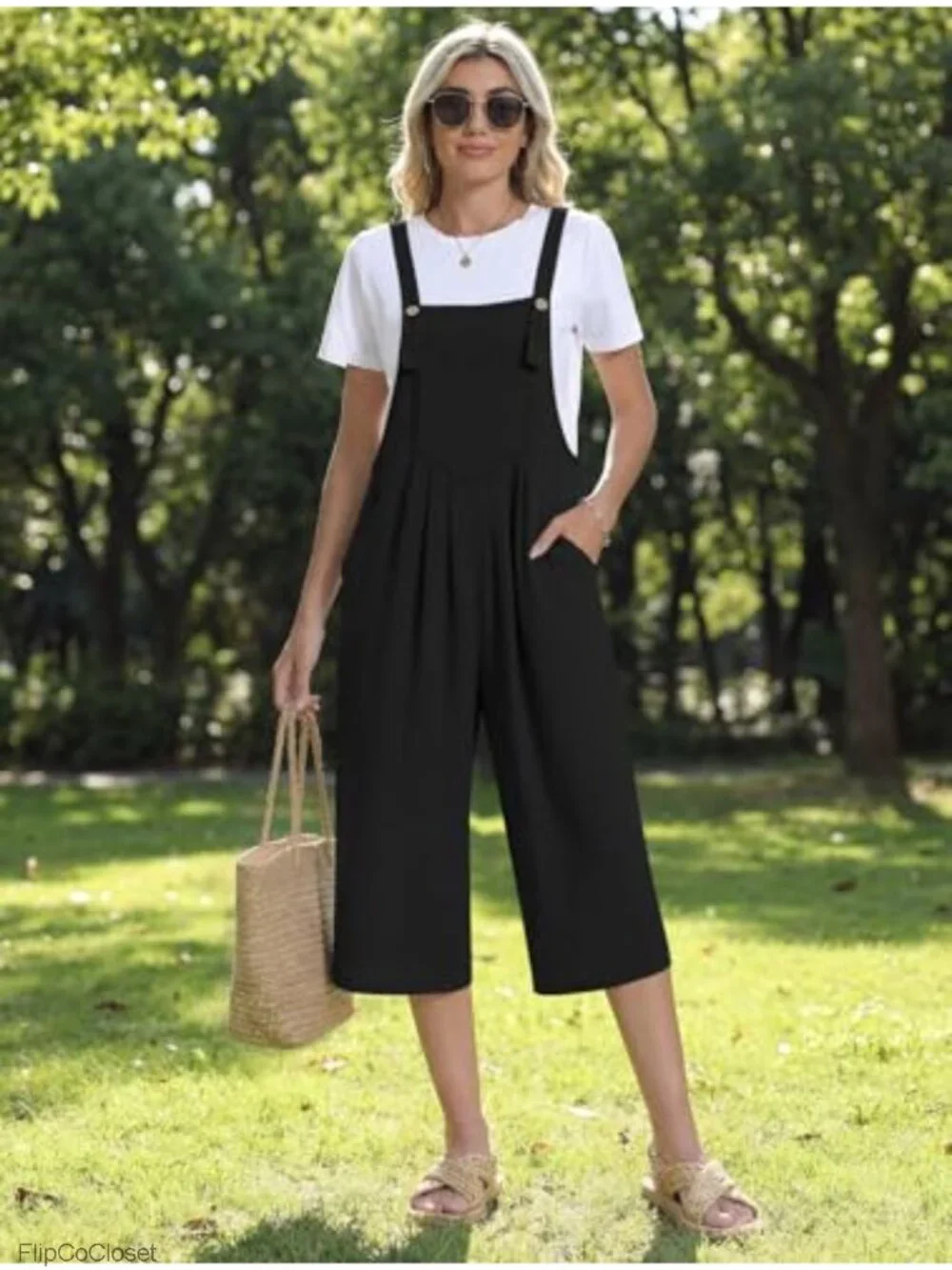 Womens Adjustable Wide Leg Overalls Sleeveless Boho Romper with Pockets